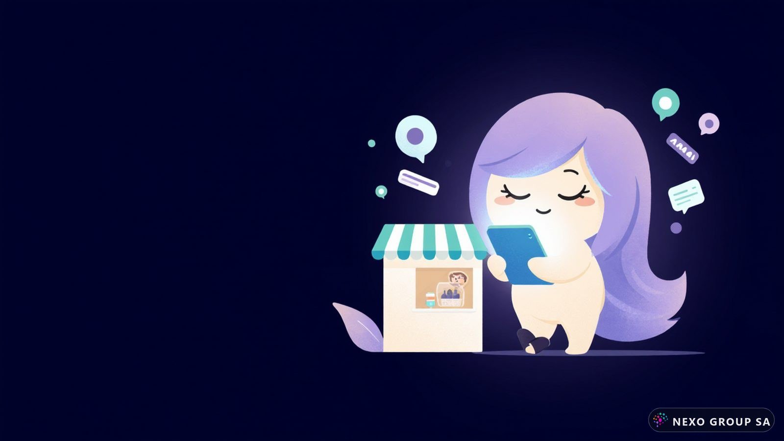 La mascotte di Nexo Agent organizza chat e attività accanto al banco di un negozio