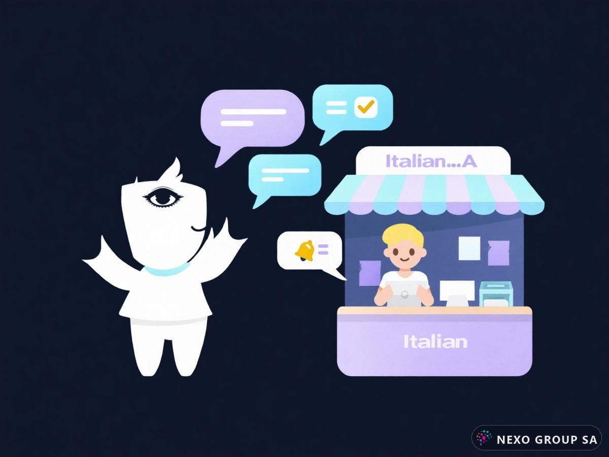 La mascotte di Nexo Agent risponde a un cliente davanti al negozio mentre una notifica raggiunge il titolare al bancone