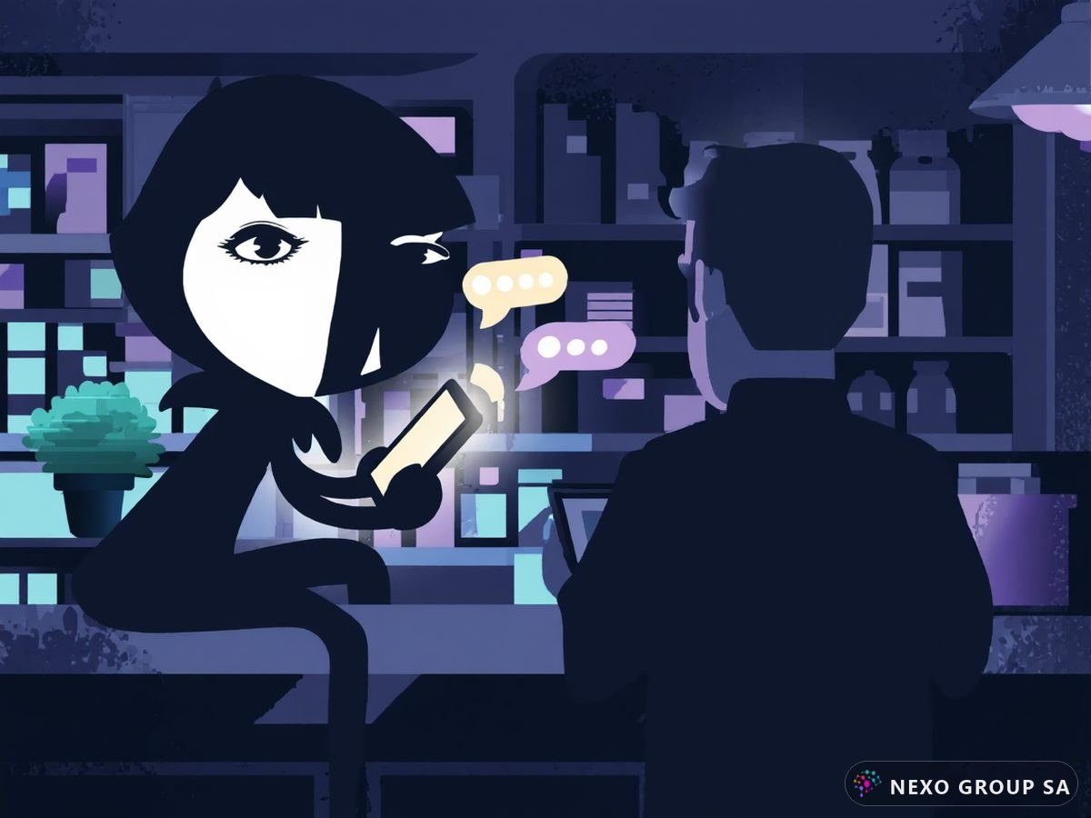 La mascotte di Nexo Agent conversa su Telegram con il titolare dell'attività, seduto sul bancone del negozio