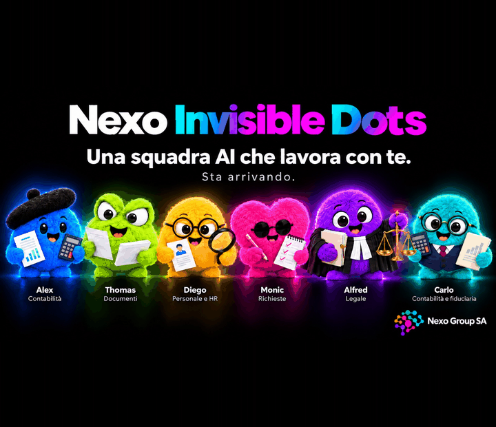 Le mascotte di Invisible Dots al lavoro, ognuna sul proprio computer dedicato, tra calendario, attività e messaggi