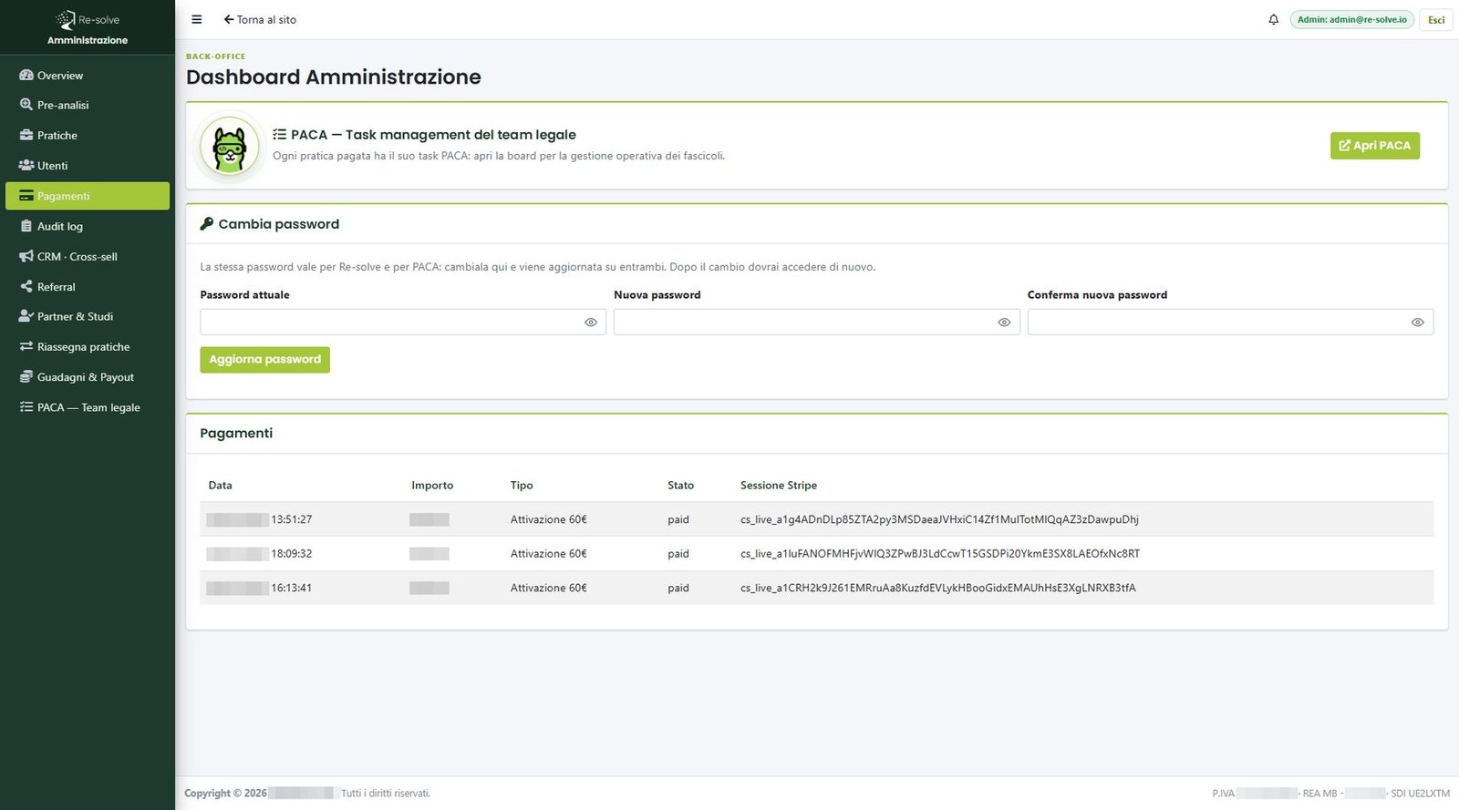 Pagamenti e payout: tabella delle quote con importo, IBAN del beneficiario e stato del trasferimento.
