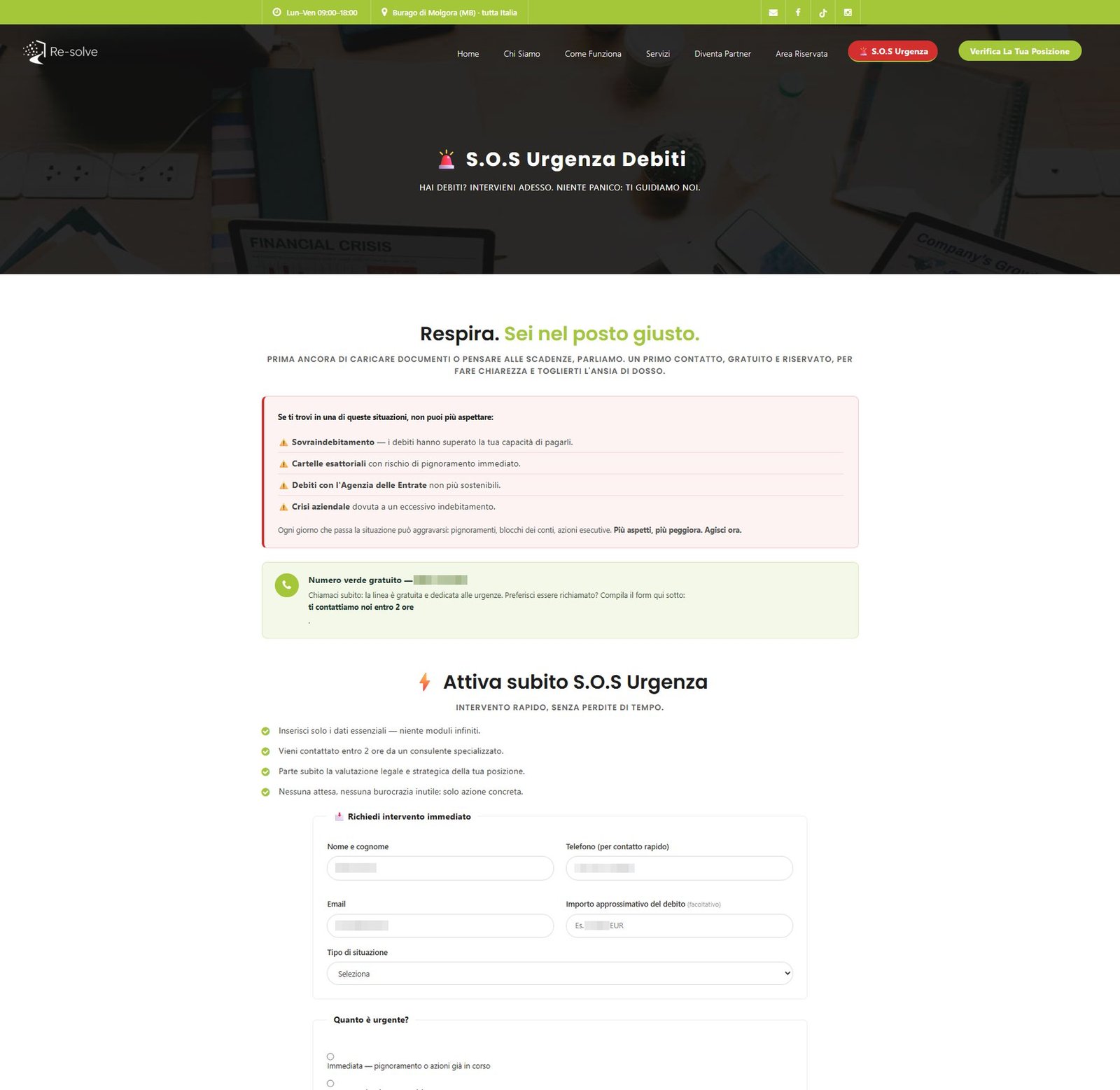Percorso di emergenza per la segnalazione di un debito urgente.